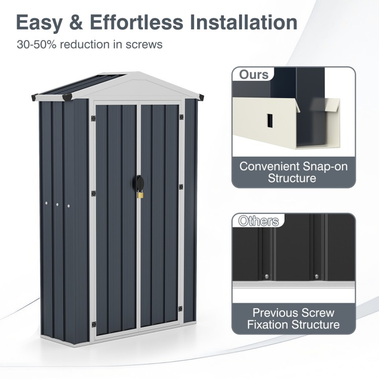 Outdoor storage shed with sloping roof, lockable door, and snap-on panels for easy installation and durability.