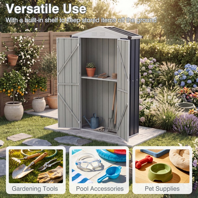 Outdoor storage shed with sloping roof, built-in shelf, and lockable door for organizing garden tools and supplies.