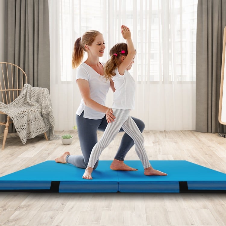 Blue bi-folding gymnastic tumbling mat, 4ft x 4ft x 4in, with handles, ideal for yoga and kids' activities.