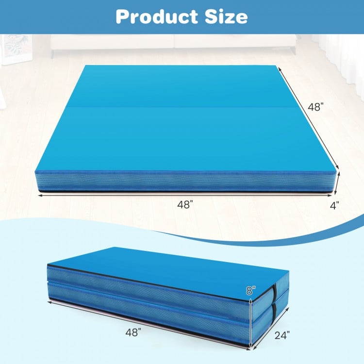Blue bi-folding gymnastic tumbling mat, 4ft x 4ft x 4in, with handles, waterproof cover, ideal for yoga and stretching.