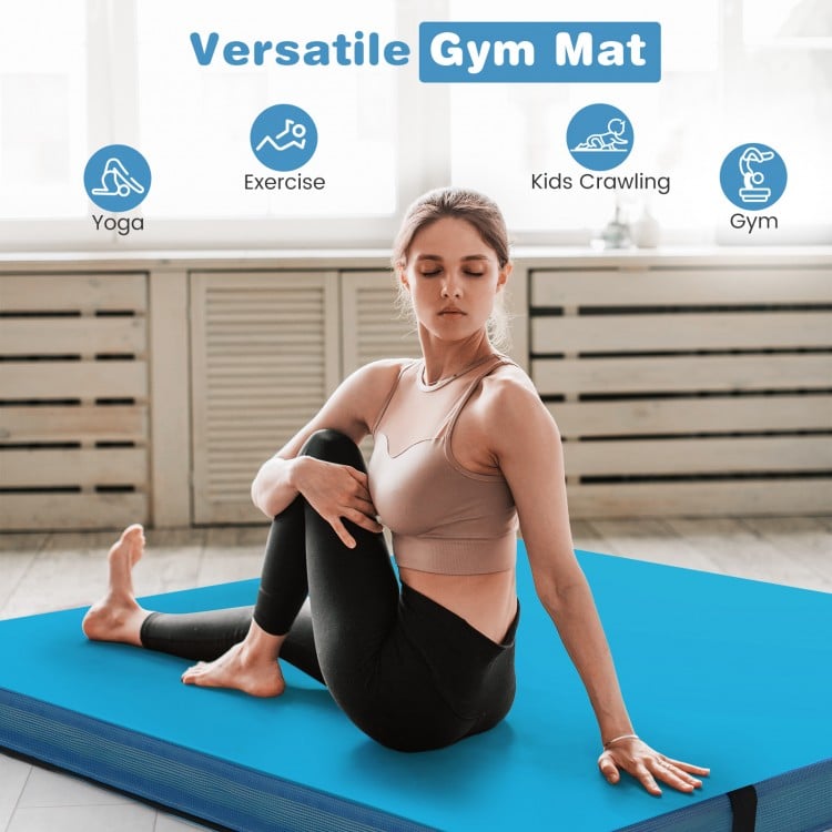 Bi-folding 4ft x 4ft x 4in gym mat in blue, made of waterproof PU leather, ideal for yoga, exercise, and kids crawling.
