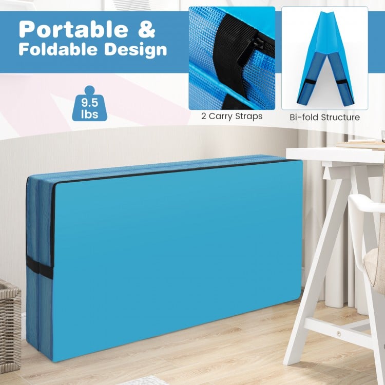 Blue 4ft x 4ft x 4in bi-folding gymnastic tumbling mat with handles, featuring waterproof PU leather and portable.