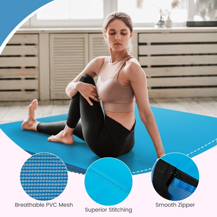 Blue bi-folding gymnastic tumbling mat with breathable PVC mesh, smooth zipper, and superior stitching for yoga and.