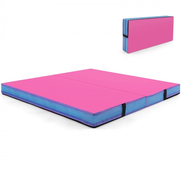 Bi-folding 4ft x 4ft x 4in pink gymnastic tumbling mat with handles, made of waterproof PU leather for versatile use.