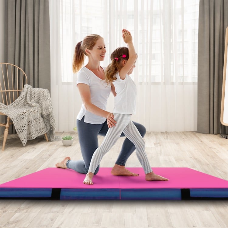 Bi-folding pink gymnastic tumbling mat with handles, 4ft x 4ft x 4in, ideal for yoga and kids' activities.