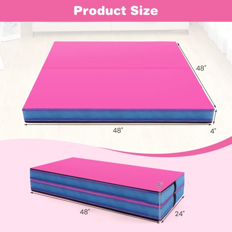 Bi-folding pink gymnastic tumbling mat, 4ft x 4ft x 4in, with handles and waterproof cover, ideal for yoga and.