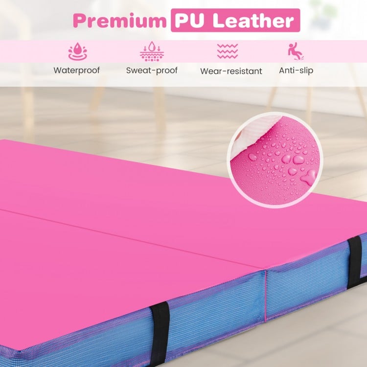 Bi-folding 4ft x 4ft x 4in pink gymnastic tumbling mat with waterproof PU leather, ideal for yoga and stretching.