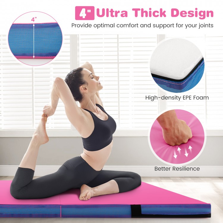 4" thick pink bi-folding gymnastic tumbling mat with high-density EPE foam, ideal for yoga and stretching.