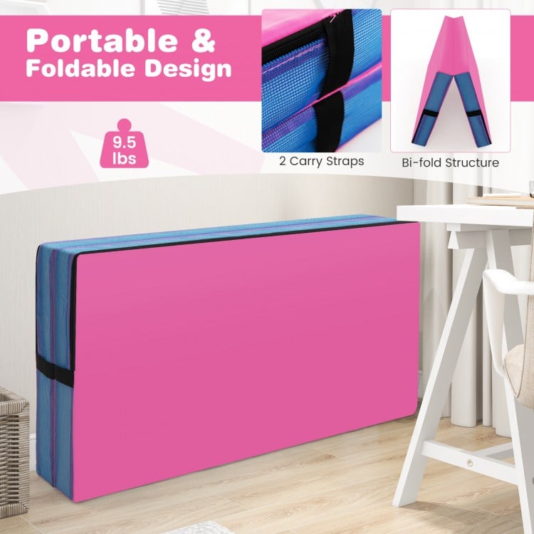 Bi-folding pink gymnastic tumbling mat with handles, 4" thick EPE foam, ideal for yoga and stretching.