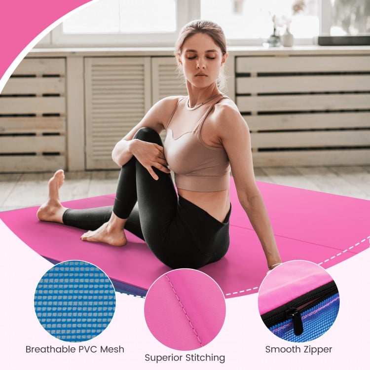 Bi-folding 4ft x 4ft x 4in pink gymnastic tumbling mat with breathable PVC mesh, smooth zipper, and superior stitching.