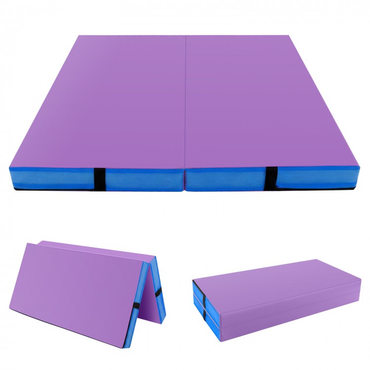 Bi-folding purple gymnastic tumbling mat with handles, 4" thick, waterproof PU leather, ideal for yoga and stretching.