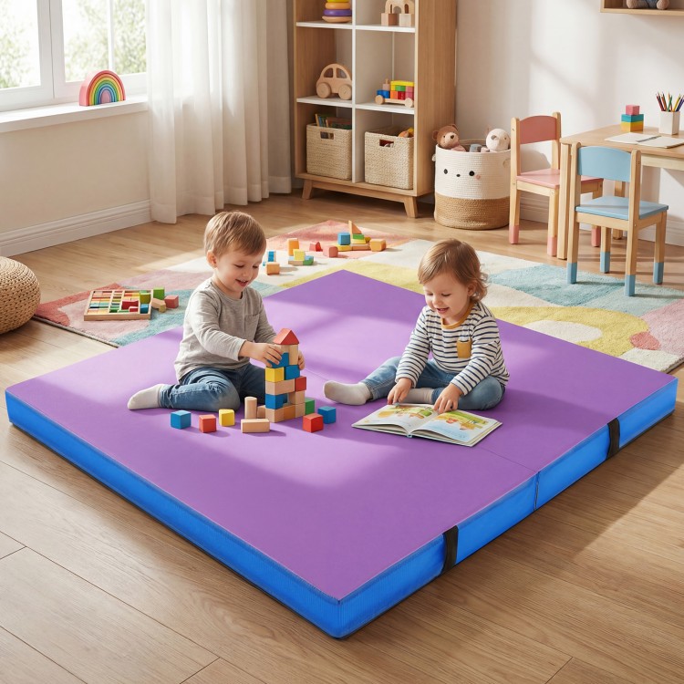 Purple bi-folding gymnastic tumbling mat with kids playing, featuring waterproof PU leather and 4" thick EPE foam for.