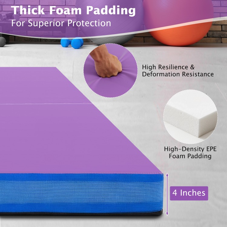 Purple 4ft x 4ft x 4in bi-folding gymnastic tumbling mat with high-density foam, waterproof cover, and carry handles.