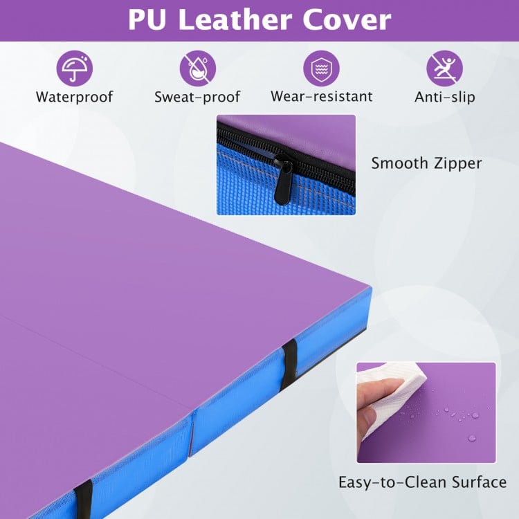 Purple 4ft x 4ft x 4in bi-folding gymnastic tumbling mat with waterproof PU leather cover, ideal for yoga and.