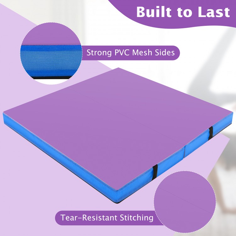 Bi-folding 4ft x 4ft x 4in gymnastic tumbling mat in purple with strong PVC mesh sides and tear-resistant stitching.