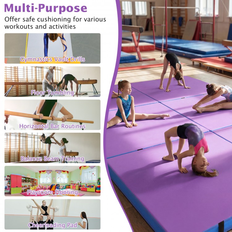 Bi-folding 4ft x 4ft x 4in purple gymnastic tumbling mat with handles, ideal for workouts and safe cushioning.