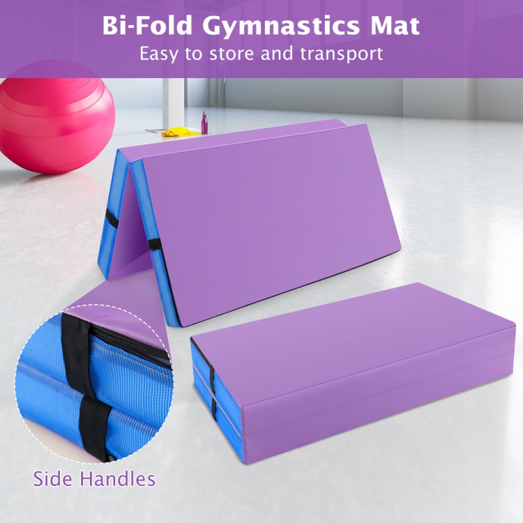 Bi-fold gymnastics mat in purple, 4ft x 4ft x 4in, with handles for easy transport, ideal for yoga and tumbling.