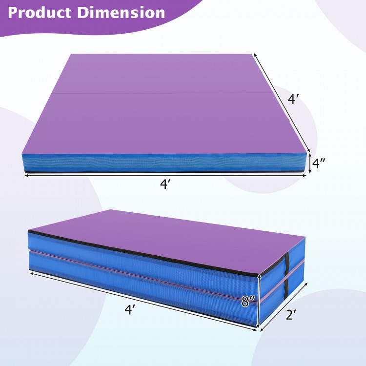 Bi-folding 4ft x 4ft x 4in gymnastic tumbling mat in purple, featuring waterproof PU leather and convenient carry.