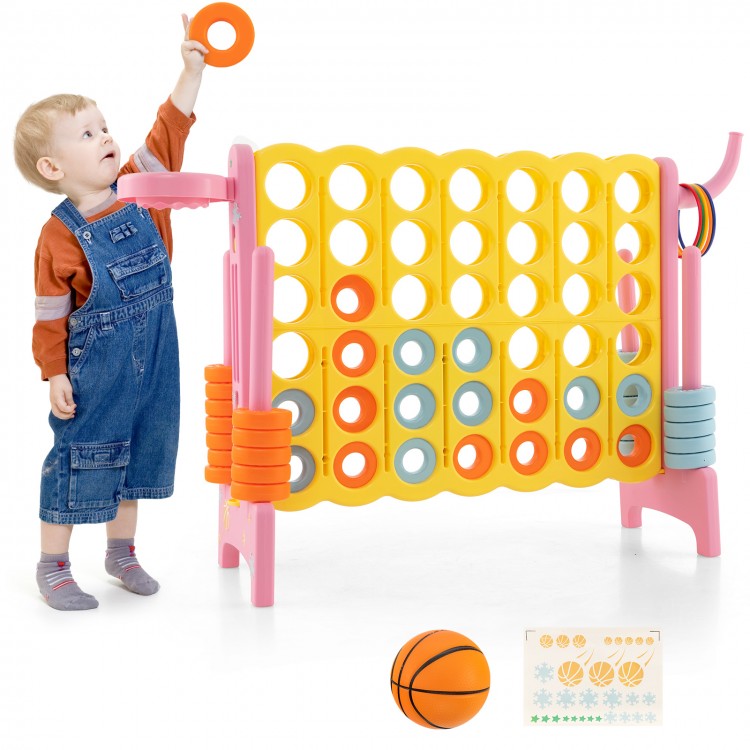 Colorful 4-in-a-Row Connect Game in pink with basketball hoop, designed for indoor and outdoor fun.