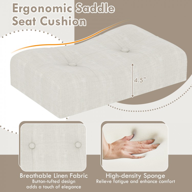 Ergonomic saddle seat cushion in beige with button-tufted design for enhanced comfort and elegance.