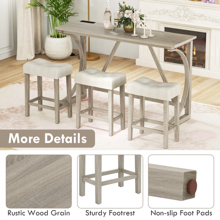 4-piece bar table set with grey wood grain finish, upholstered saddle seat stools, and built-in power outlet for.
