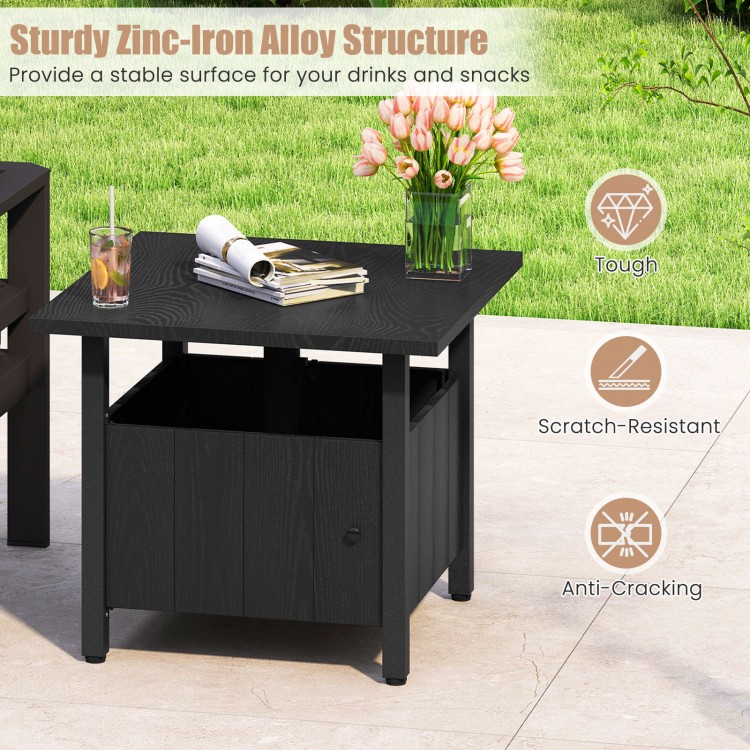 Outdoor side table with a wood-like surface, sturdy zinc-iron alloy structure, and 1.89" umbrella hole for patio use.