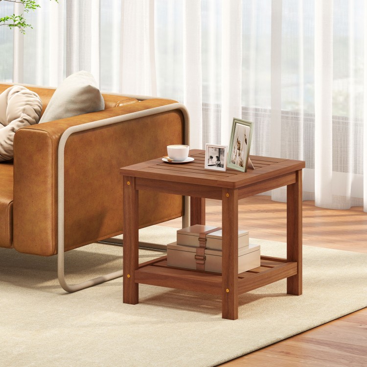 2-tier outdoor side table in solid wood with storage shelf, ideal for patio or living room use.
