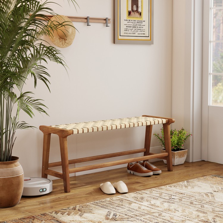Teak wood patio bench with weave seat, 47 inches long, ideal for outdoor spaces like yards and porches.