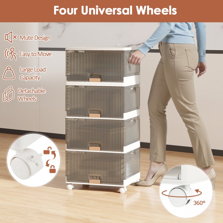 Four-cube stackable storage bin with detachable wheels, featuring a mute design for easy mobility and ample storage.