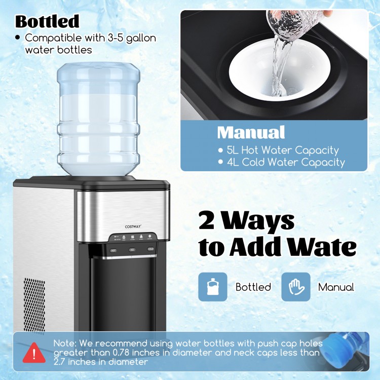 3-in-1 ice maker and water cooler dispenser with stainless steel finish, featuring hot and cold water options.