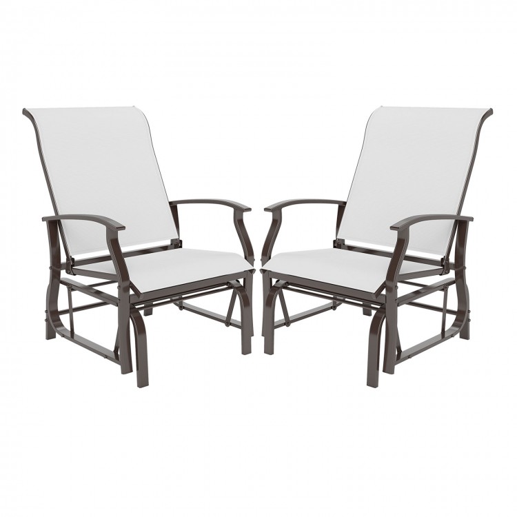 Set of 2 outdoor glider chairs with ergonomic backrest, beige fabric, sturdy metal frame, perfect for patio relaxation.