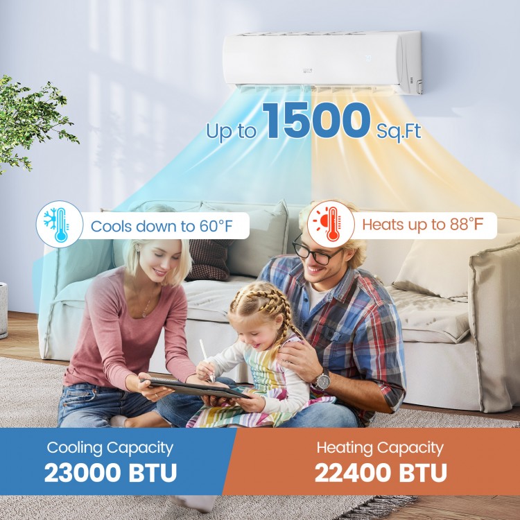 Energy-efficient 23000 BTU mini split AC/heater with cooling and heating for rooms up to 1500 sq.ft, featuring R32.