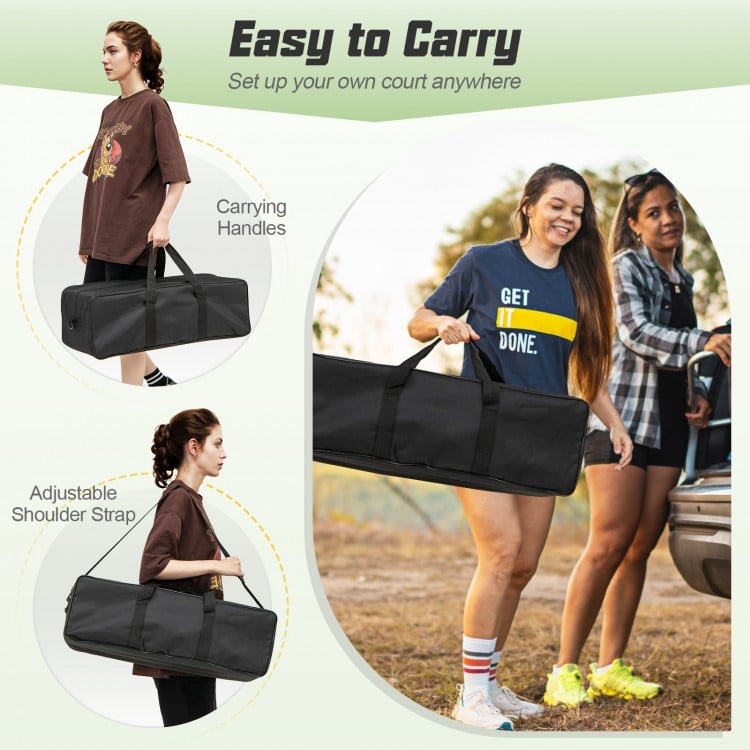 Portable outdoor volleyball net set with carrying bag, adjustable shoulder strap, and handles for easy transport.