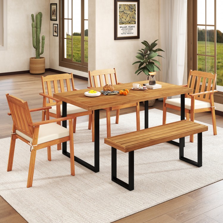 Acacia wood dining table for 6 with slatted top and sturdy metal frame, ideal for outdoor dining areas.
