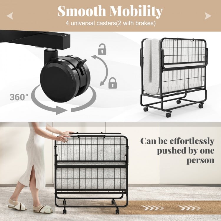 Twin folding bed with memory foam mattress, featuring 360° universal casters for easy mobility and storage.