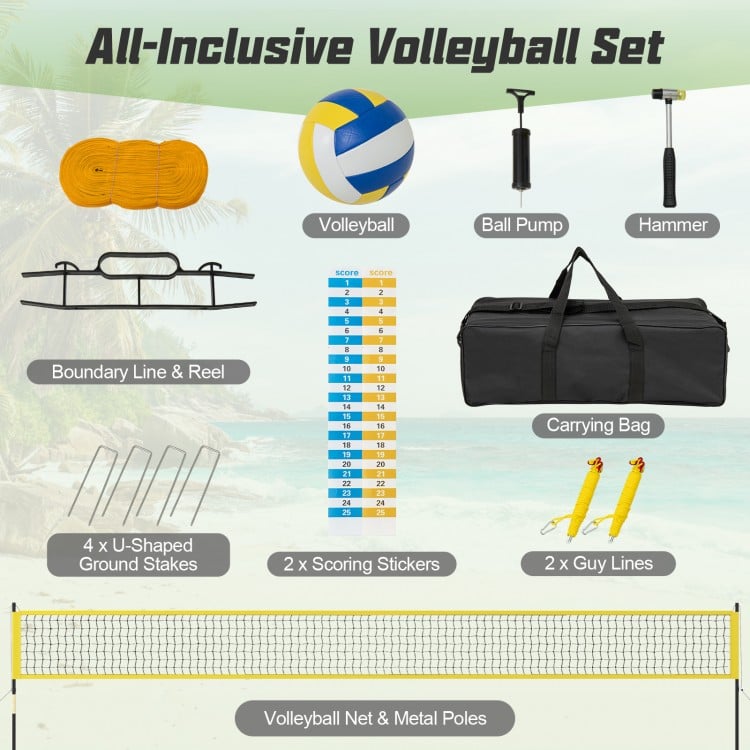Portable outdoor volleyball net set in yellow with adjustable poles and carrying bag, perfect for outdoor games.