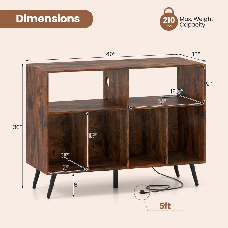 Record player stand in rustic brown with open shelves, dimensions 40"x30", features charging station and cable.
