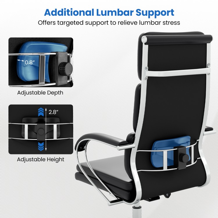 Adjustable lumbar support for ergonomic leather office chair, featuring customizable depth and height for enhanced.