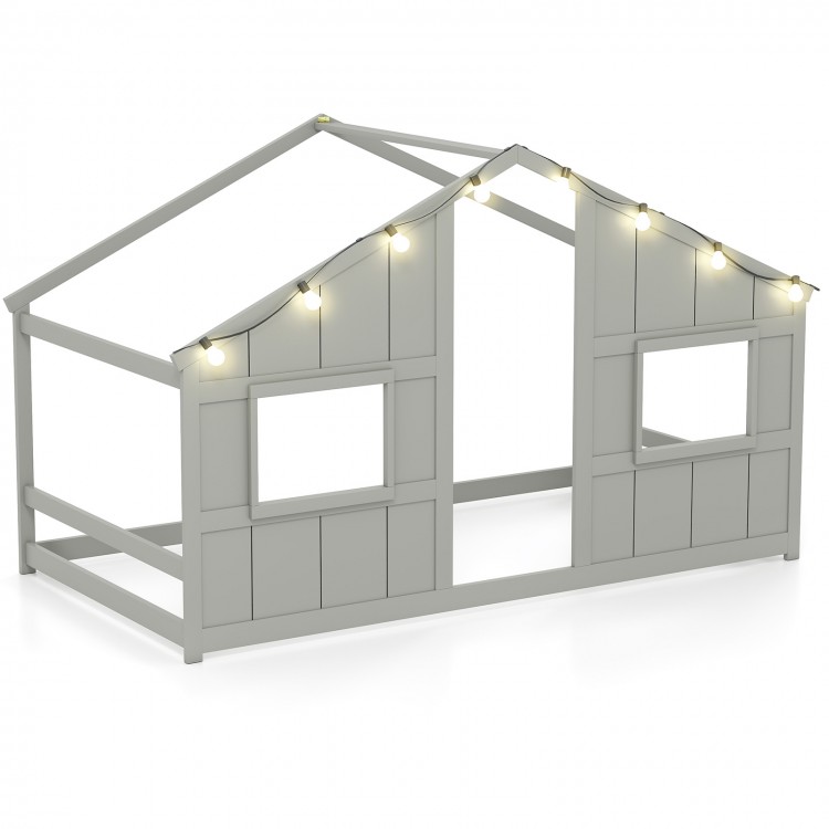 House-shaped twin size bed in grey with LED lights and open windows, perfect for kids' play and sleep.