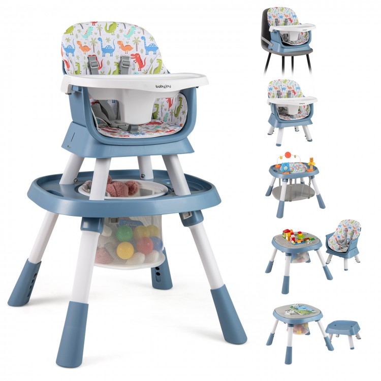 16-in-1 baby high chair in celadon with adjustable height, activity center, and toy storage for versatile use.
