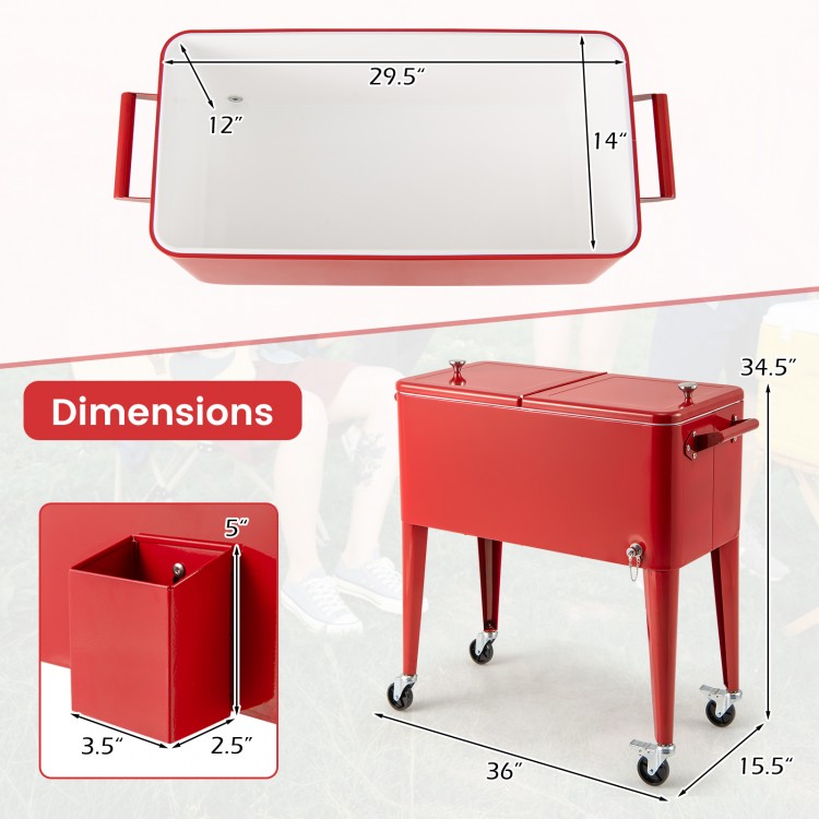 Red portable outdoor patio cooler cart with dimensions, featuring 80-quart capacity and four wheels for easy movement.