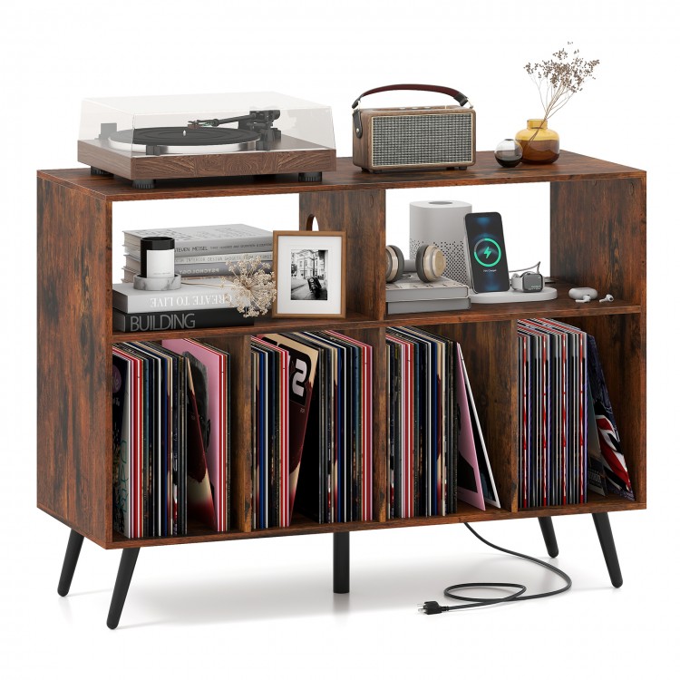 Record player stand in rustic brown with open shelves, storage for vinyl records, and built-in charging station.