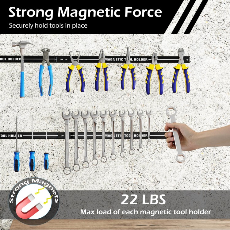 18-inch black magnetic tool holder strip displaying various tools, featuring strong magnets and a 22 lbs load capacity.