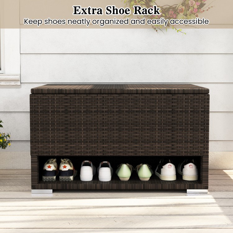 PE rattan storage bin with waterproof liner and shoe rack, ideal for patio organization and protection of belongings.