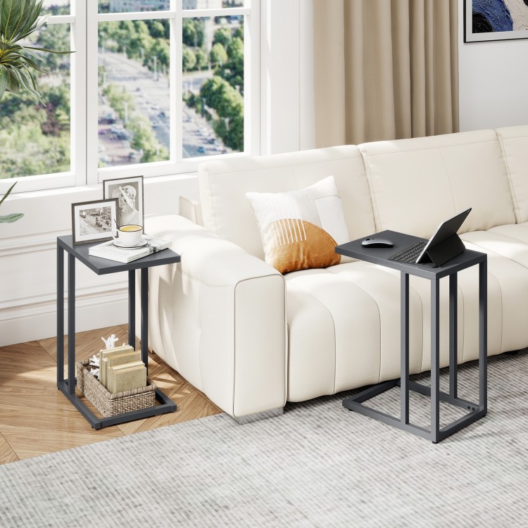 C-shaped side table in dark gray with spacious tabletop, adjustable foot pads, perfect for living room or bedroom use.