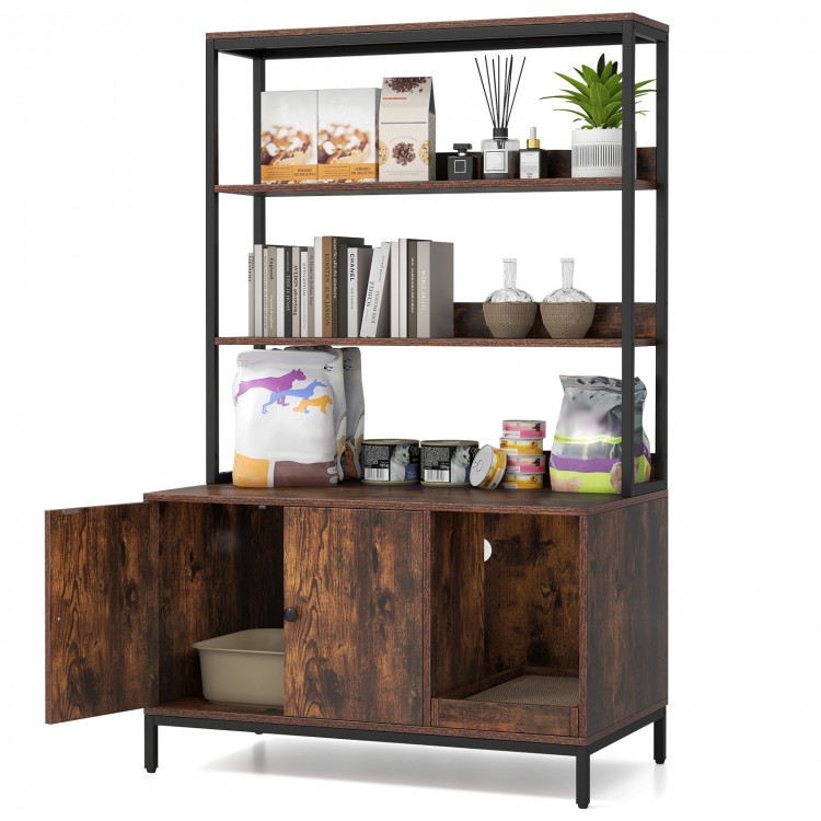 57-inch cat litter box enclosure in coffee finish with storage shelves and removable scratcher for versatile use.