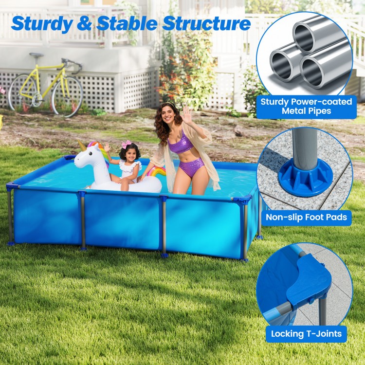 Family enjoying the 6 ft outdoor swimming pool with sturdy metal frame and non-slip foot pads for backyard fun.
