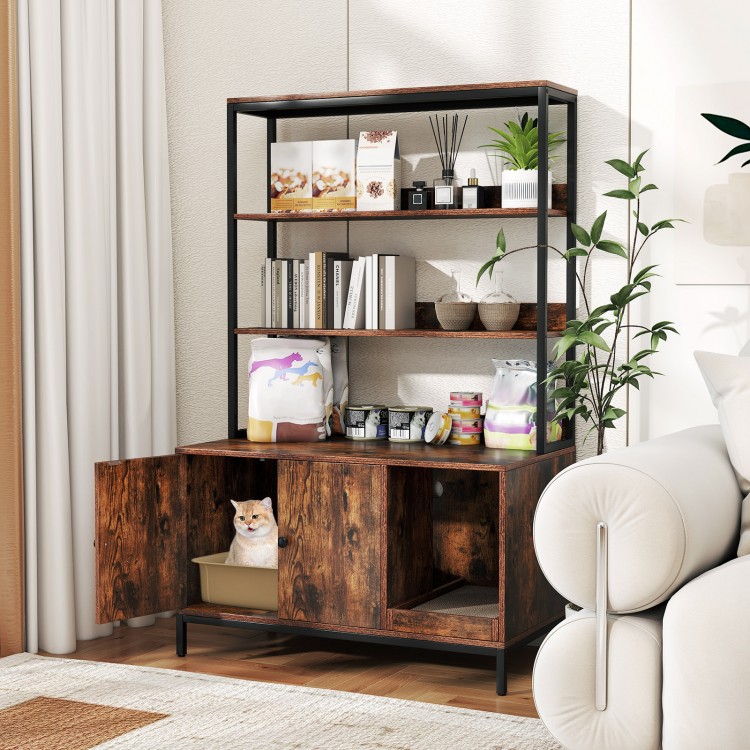 57-inch cat litter box enclosure with storage, featuring a rustic coffee finish and 2-tier shelves for ample.