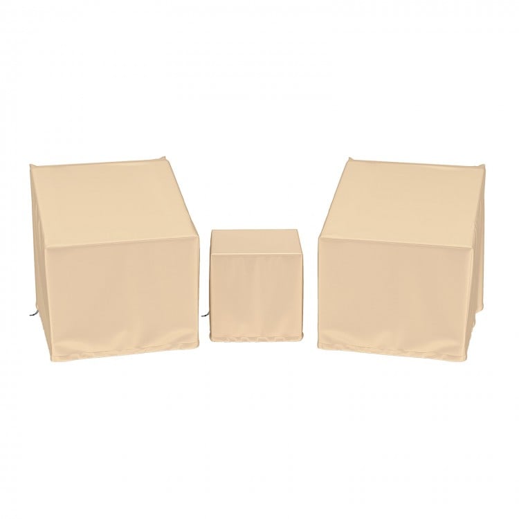 Beige waterproof patio furniture covers for a 3-piece bistro set, featuring elastic hem for a secure fit and fade.