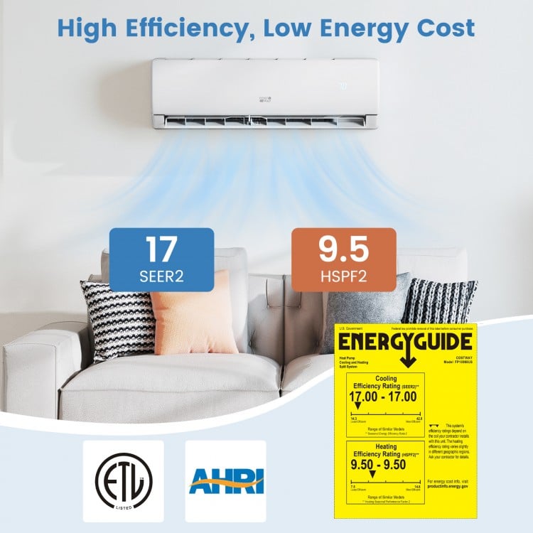 Energy-efficient 23000 BTU mini split AC/heater with R32 refrigerant, suitable for 1500 sq ft cooling and heating.